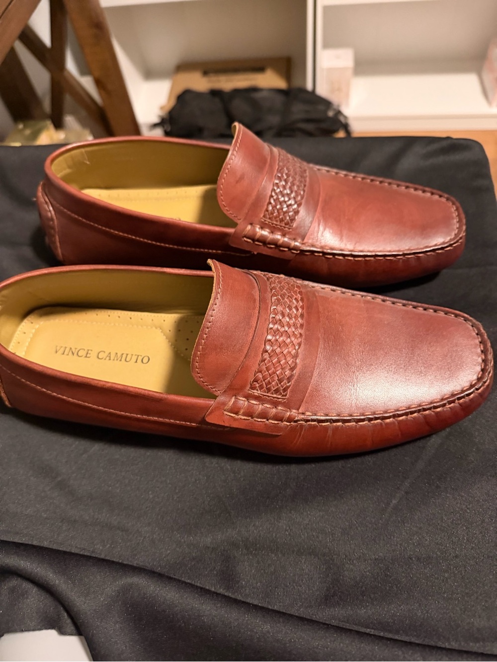 Vince Camuto Chestnut Leather Woven Penny Loafers